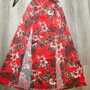 Red Tropical Floral Maxi Skirt